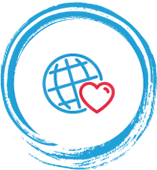 Icon of a globe with a heart, symbolizing global impact and positive social change.