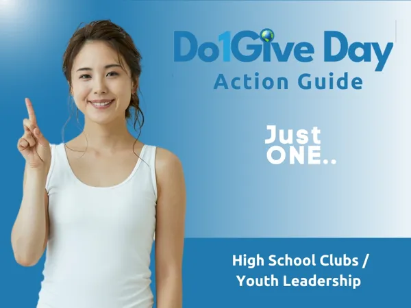 Young woman smiling and pointing up, representing youth leaders participating in Do1Give Day to earn volunteer hours by giving to others. 