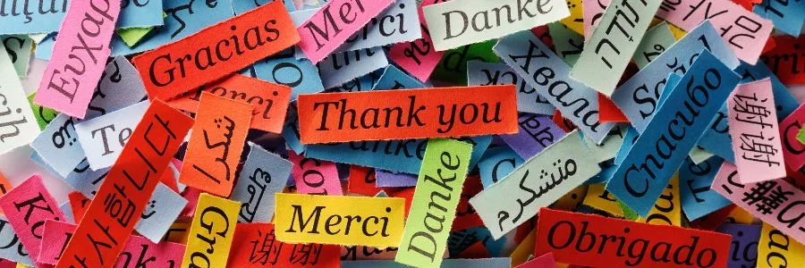 Colorful thank-you notes in multiple languages representing the importance of friendship and global appreciation.