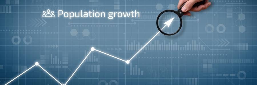 Graph showing upward trend in population growth with magnifying glass, highlighting the concept of sustainable population growth. 