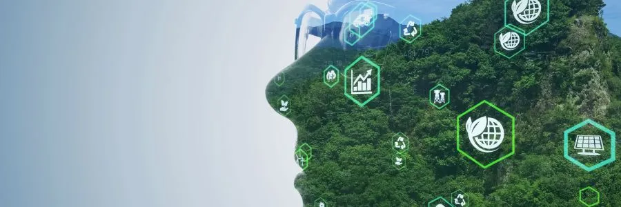 Human silhouette with eco icons representing AI for sustainability and climate impacts of AI