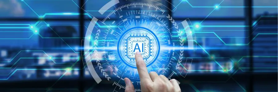 Human finger pressing virtual AI chip symbolizing the future of AI.