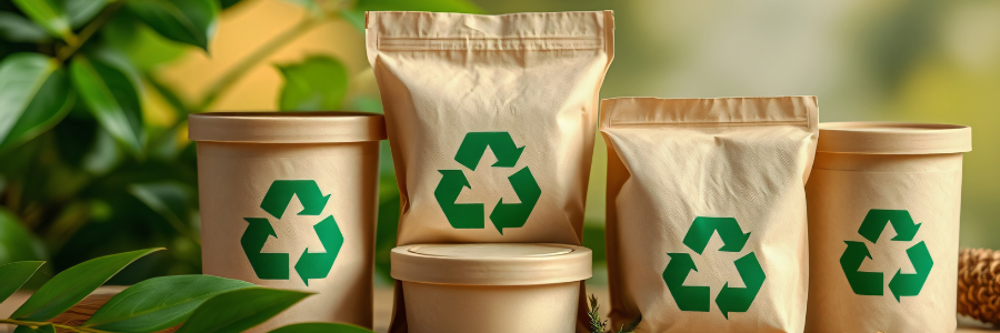 Sustainable packaging with recycling symbols promoting eco-friendly environment choices.