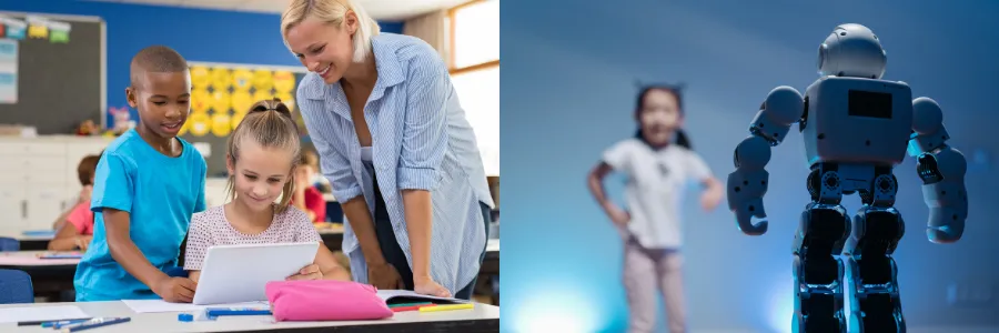 Students exploring digital learning with a teacher and children interacting with a robot, showing how innovation shapes giving on the International Day of Charity.
