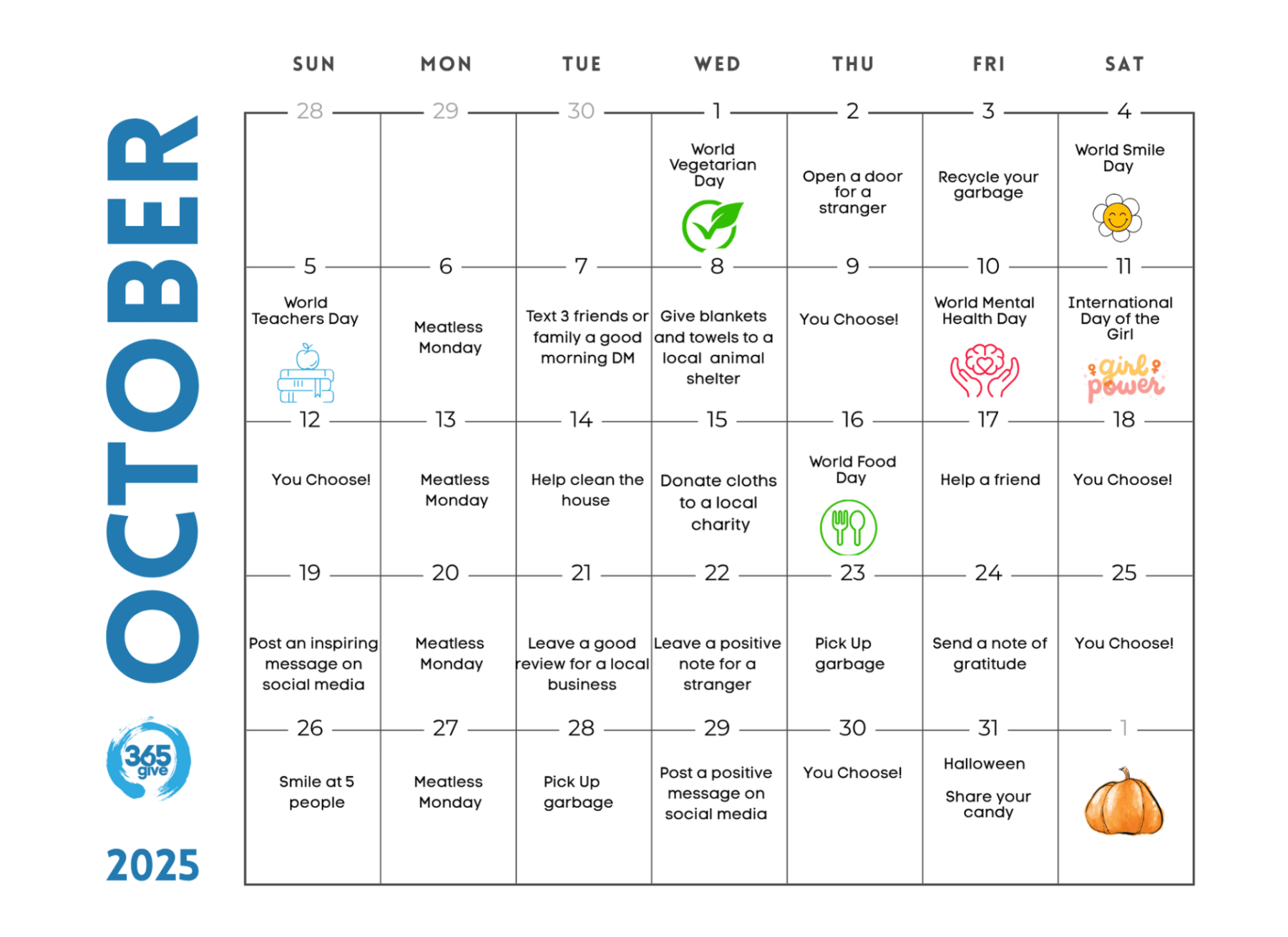 October 2025 Printable Calendar by 365give featuring daily giving ideas, awareness events like World Teachers’ Day, World Mental Health Day, and Halloween, plus simple kindness actions such as Meatless Mondays, helping friends, and leaving positive notes