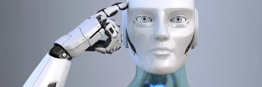 Humanoid robot touching its head, representing artificial intelligence awareness and the growing conversation around AI anxiety.