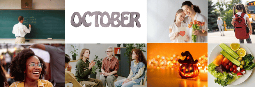 Collage of October themes for the happiness calendar October, including teachers, kindness, gratitude, conversations, Halloween pumpkin, and healthy food.
