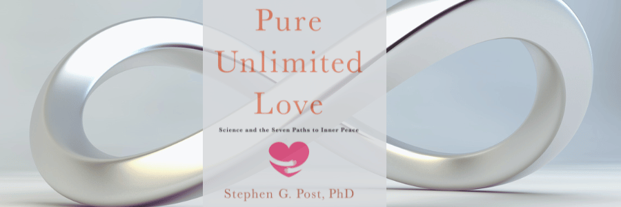 Cover of the book Pure Unlimited Love by Stephen G. Post, featuring an infinity symbol and subtitle about the science of inner peace — revealing the hidden truth about love and compassion.