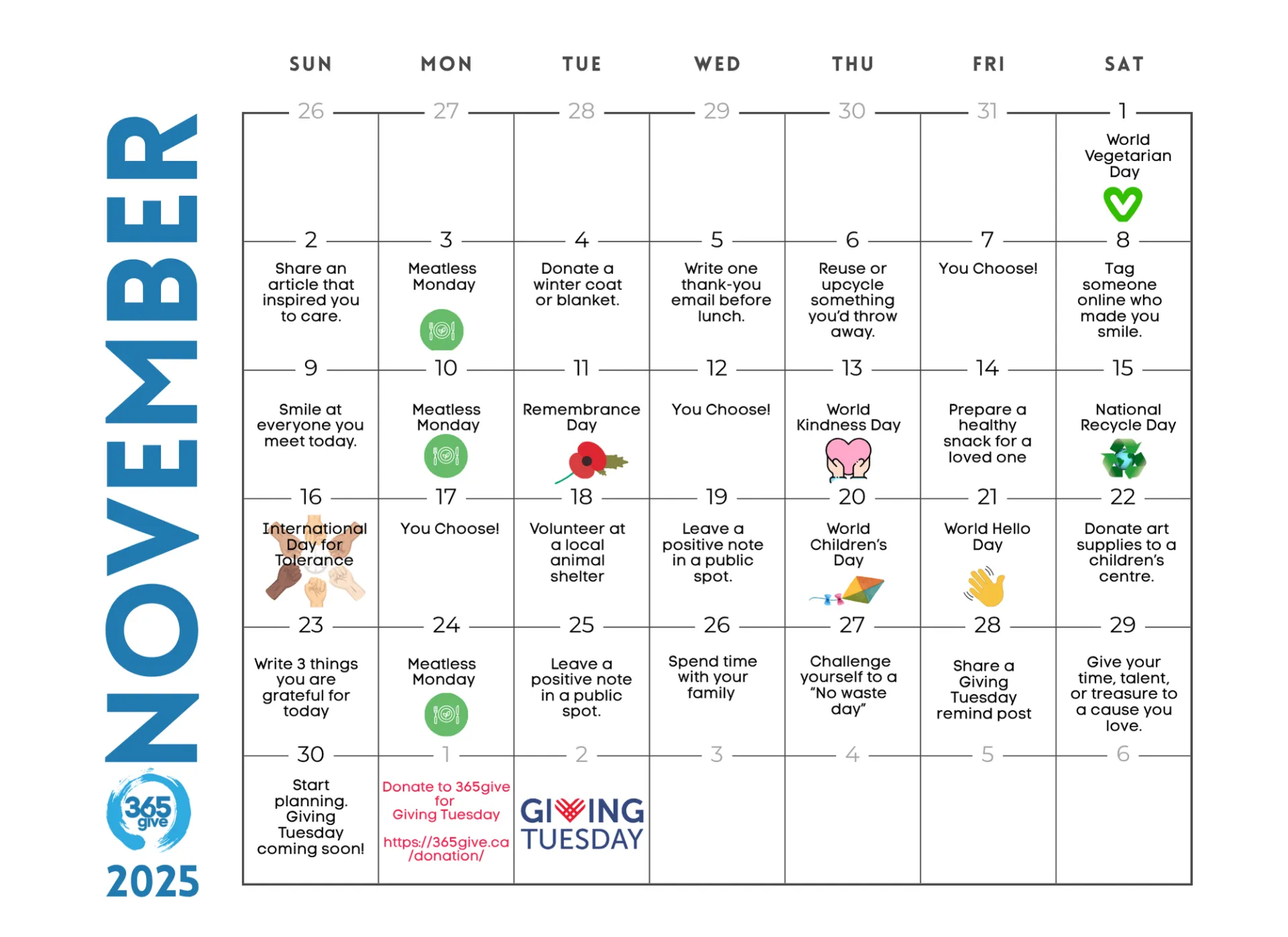 November 2025 Calendar featuring daily giving ideas, awareness days, and small actions to inspire generosity and happiness.