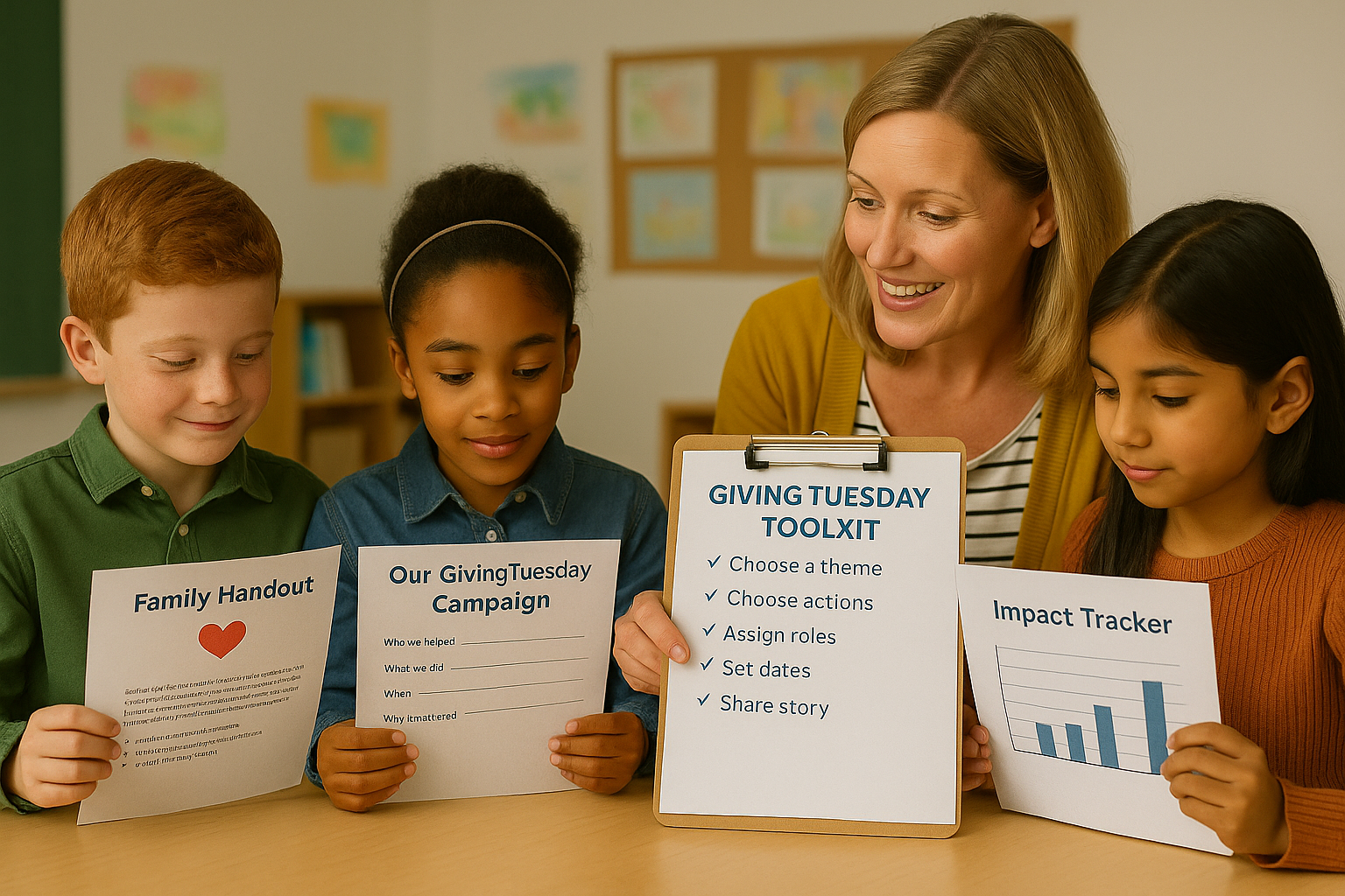 Teacher and three elementary students in a bright classroom holding a Giving Tuesday toolkit with a family handout, class campaign plan, and impact tracker