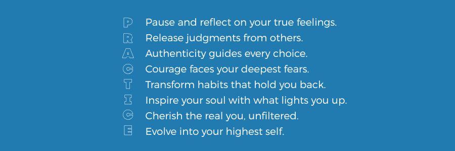 The practice acronym for authenticity: pause, release judgment, and build a daily practice