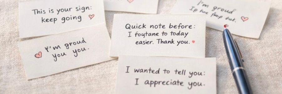  handwritten love notes with encouraging messages beside a pen