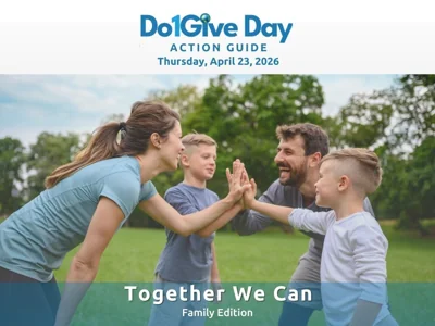 A cheerful family sitting together, promoting Do1Give Day Action Guide for families 