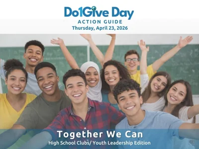 Young woman smiling and pointing up, representing youth leaders participating in Do1Give Day to earn volunteer hours by giving to others. 