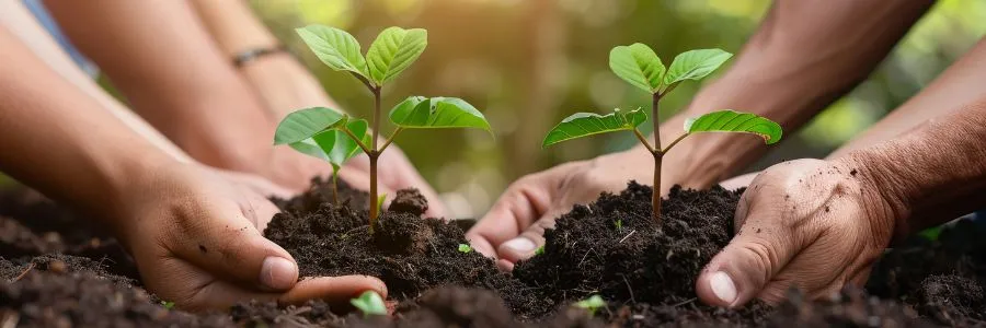  Hands planting young trees to show how to Take Action Today for Earth Day