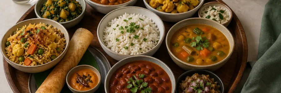  A wooden platter filled with plant-based Indian dishes including rice, chickpea curry, lentil stew, vegetable biryani, dosa, kidney bean curry, and mixed vegetable sides.