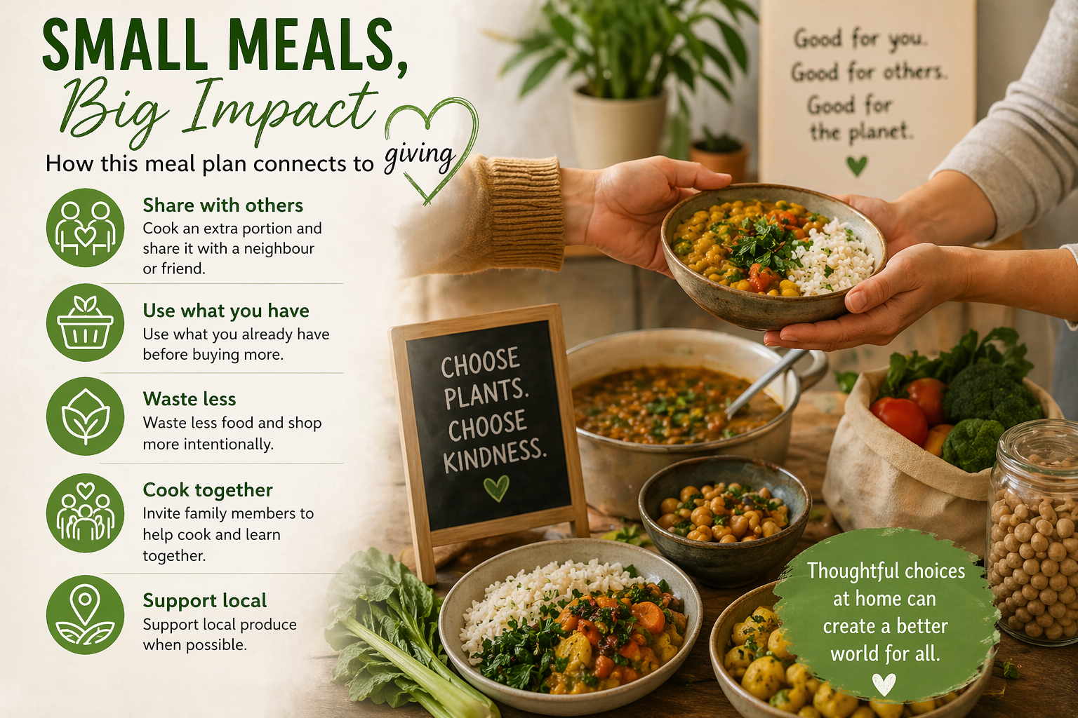 A warm illustrated collage showing plant-based meals, shared food, and simple giving ideas such as sharing with others, wasting less, cooking together, and supporting local produce.