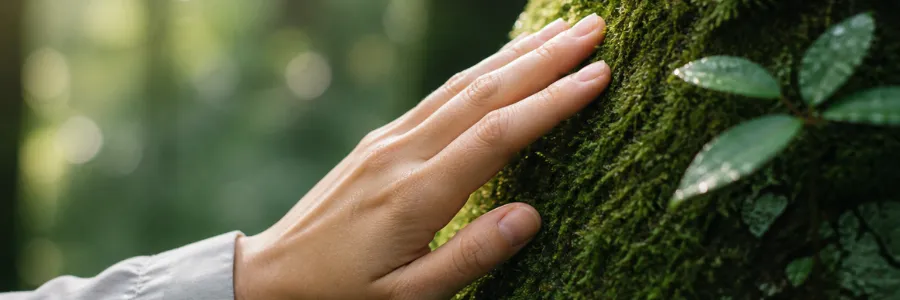 Close-up of a hand gently touching a moss-covered tree trunk in soft natural light, showing a calm connection with nature.