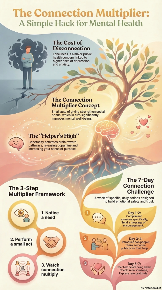 Infographic explaining the Connection Multiplier, showing how giving, kindness, and social connection can improve mental health.