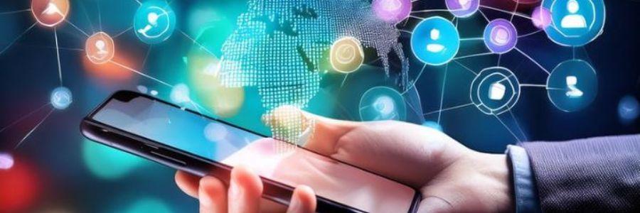 Hand holding a smartphone with connected social media icons and a digital globe, representing online communities, social networking, and using social media to create positive impact.