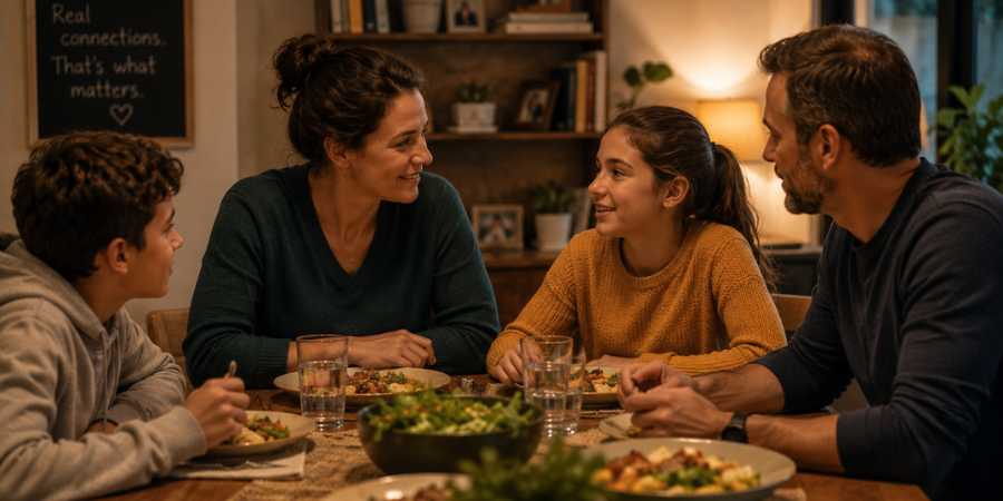 A family shares a meaningful conversation around the dinner table without distractions, illustrating the value of human connection, active listening, and spending quality time together in an AI-driven world.