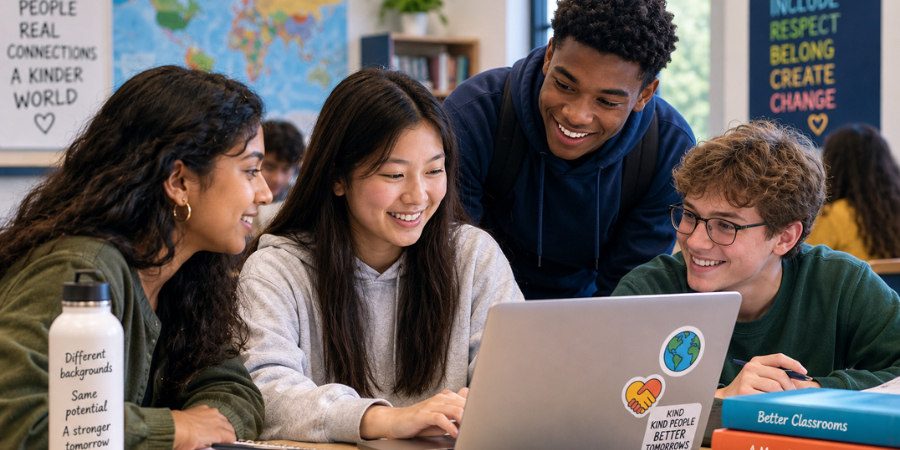 Diverse students using AI together in a classroom to collaborate, build inclusion, and create positive change.