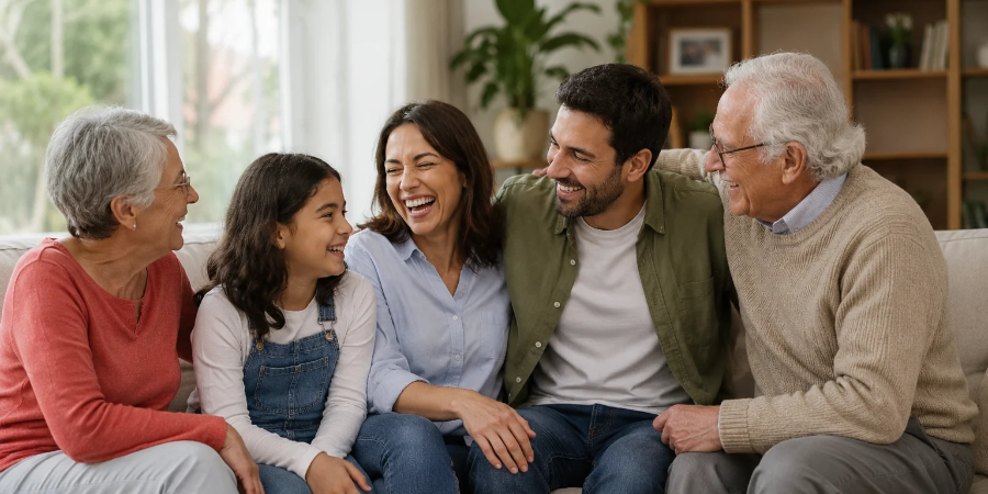 A multigenerational family spending time together, laughing and strengthening meaningful human connections.