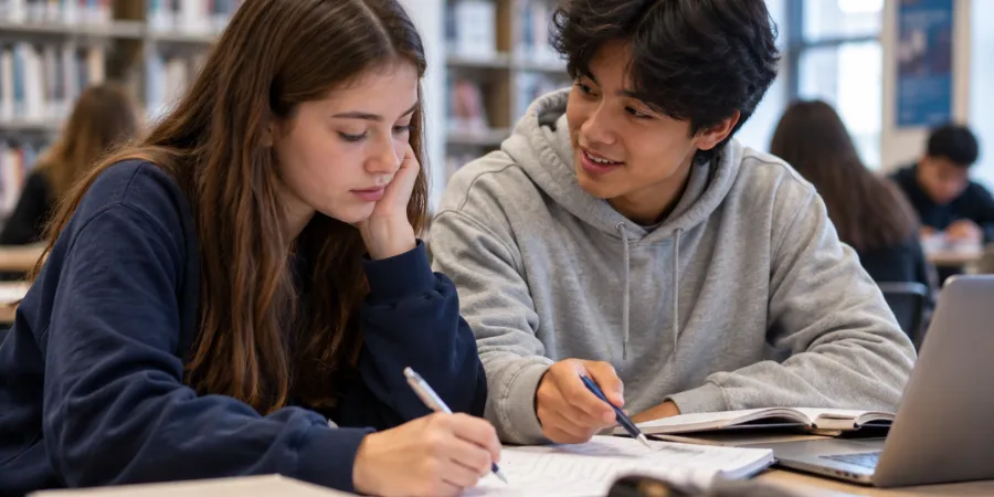 Two students studying together in a library, with one student helping the other understand their schoolwork.