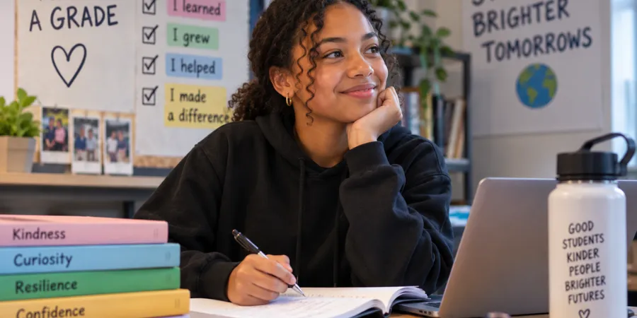Student reflecting on her learning and personal growth while studying in a classroom.