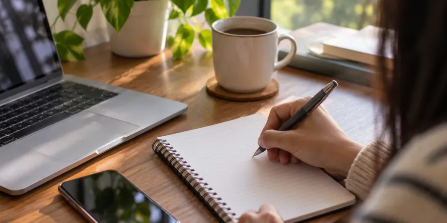 Person writing in a notebook at a calm workspace, practicing healthy habits to manage energy and prevent burnout.