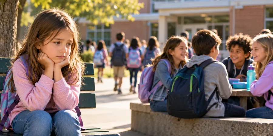 Young girl sitting alone on a schoolyard bench while other children talk and laugh together nearby.