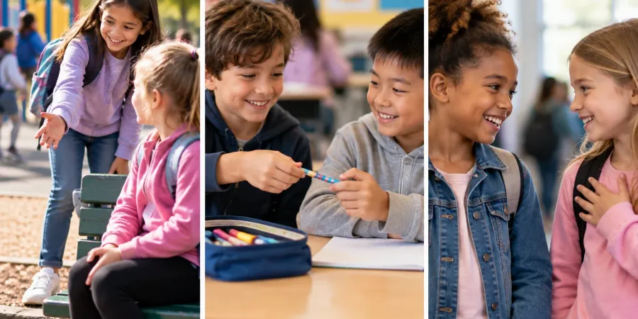 Children building connections by inviting a classmate to play, sharing a pencil, and giving a friendly compliment.
