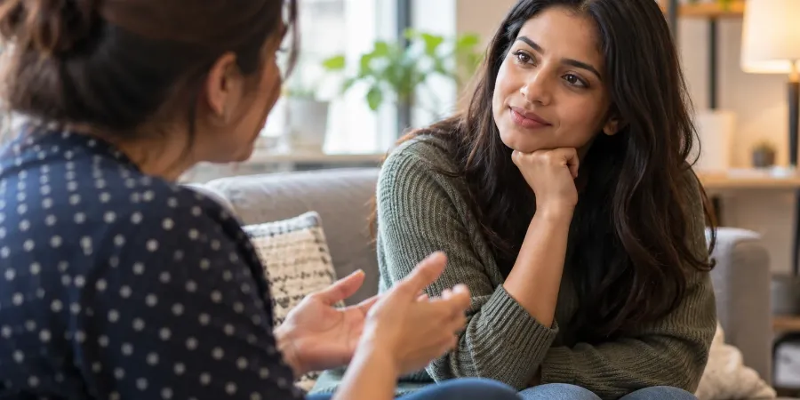 A woman listens attentively as another person speaks, showing how giving someone your full attention can create understanding and connection.