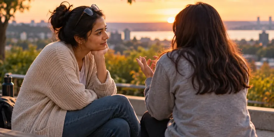 Two friends have a thoughtful conversation outdoors at sunset, showing how listening and giving someone space to speak can be an act of peace.