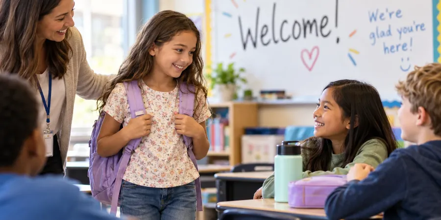 A new student with a backpack is warmly welcomed by her teacher and classmates on her first day in a bright, inclusive classroom.