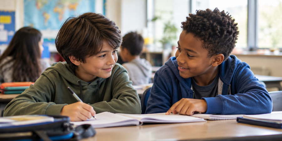 Two students sit together in a classroom, smiling and working on an assignment as one quietly helps the other.