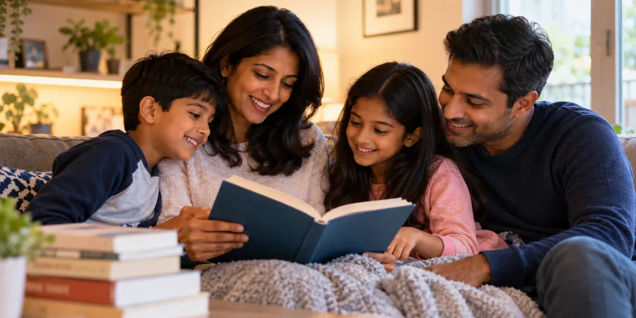 Family reading a book together and sharing a happy conversation at home, highlighting connection, happiness, and quality family time.